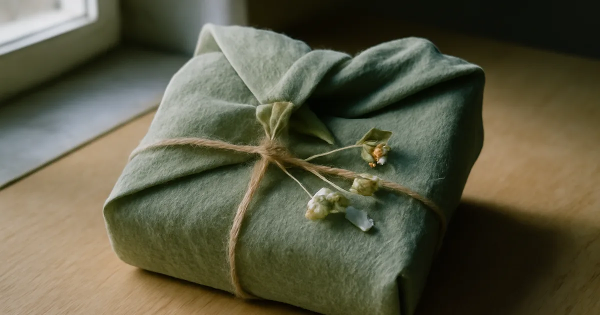 Matcha dovana supakuota japonišku furoshiki būdu su natūraliais akcentais