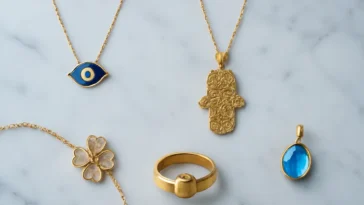 Simbolinių papuošalų kompozicija su piktąja akimi, hamsa, Claddagh žiedu ir gimimo akmens pakabuku ant marmuro