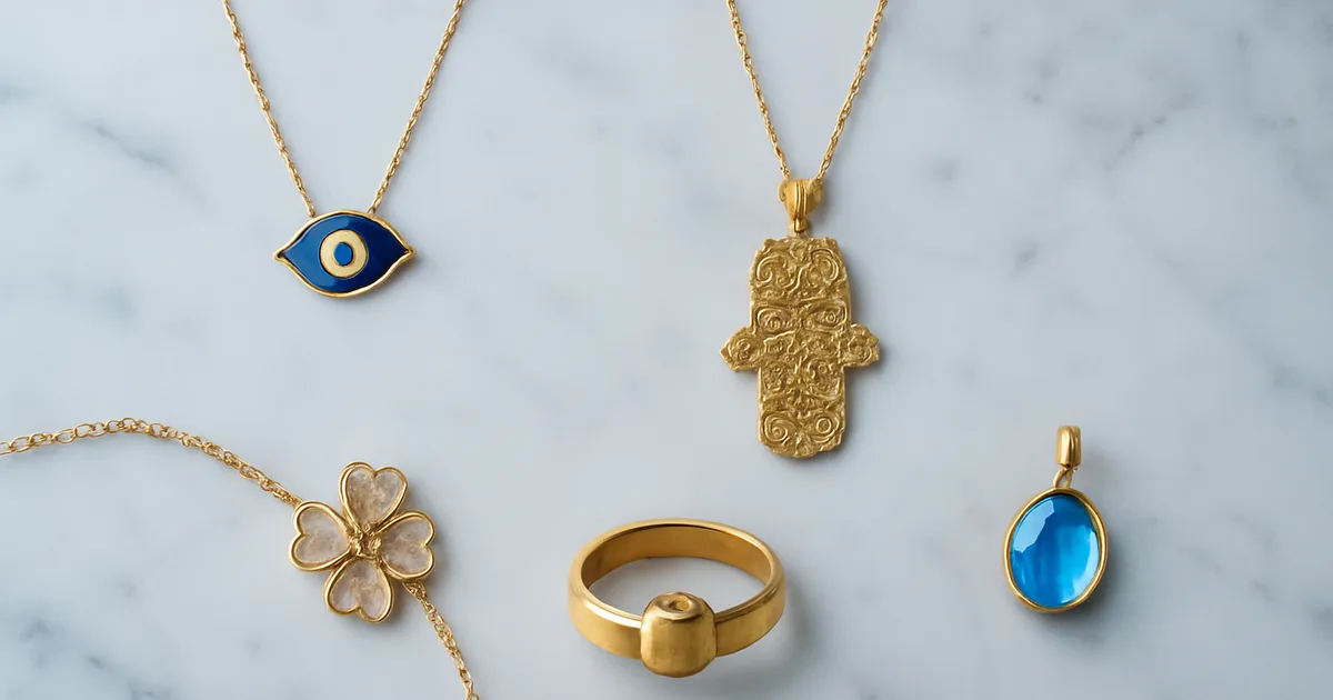 Simbolinių papuošalų kompozicija su piktąja akimi, hamsa, Claddagh žiedu ir gimimo akmens pakabuku ant marmuro