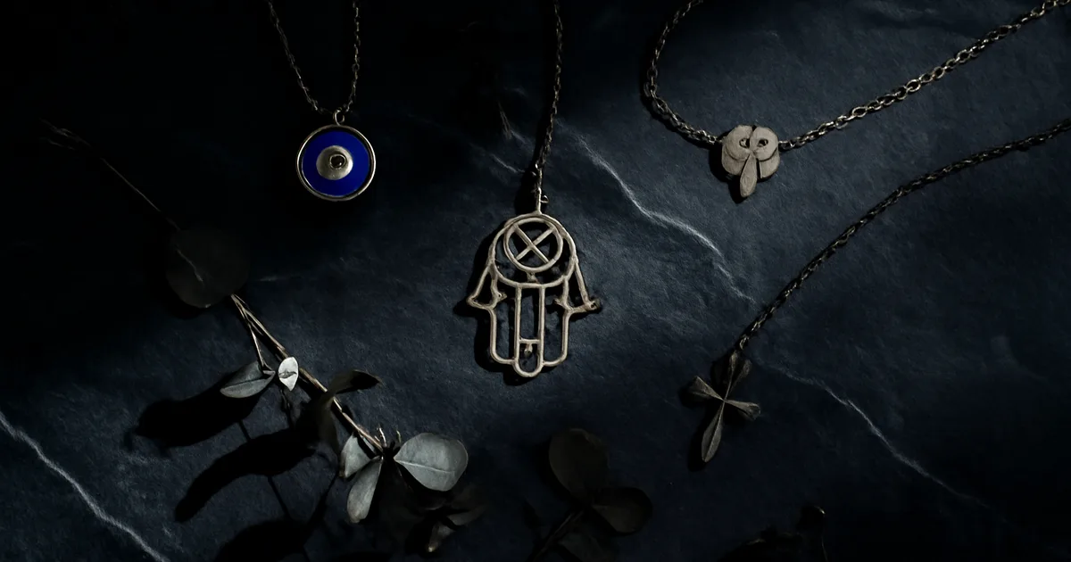 Apsaugos ir laimės papuošalų simbolių kompozicija – piktoji akis, hamsa, keturių lapų dobilas ir kryžius ant tamsaus skalūno