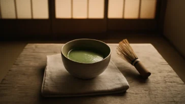 Japonų arbatos ceremonija su matcha ir bambukine šluotele — žalioji arbata ir meditacija