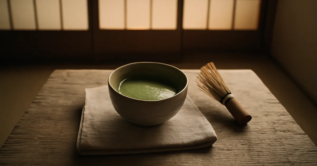 Japonų arbatos ceremonija su matcha ir bambukine šluotele — žalioji arbata ir meditacija