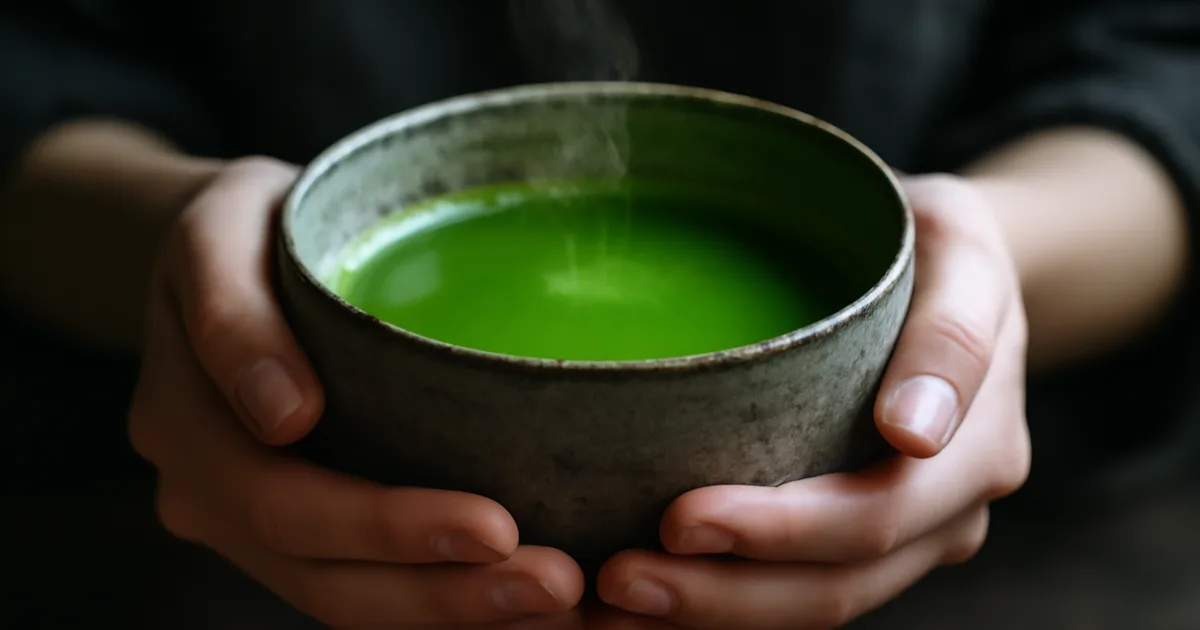 Rankos laiko keramikinį puodelį su matcha — žalioji arbata meditacijai