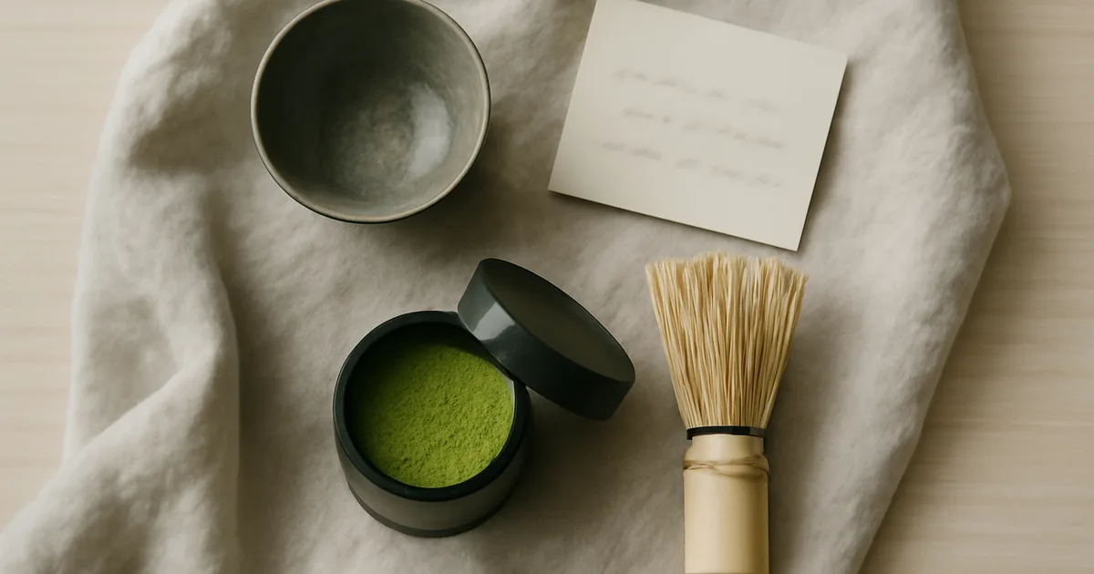 Japoniška žaliosios arbatos dovanų dėžutė su matcha ir reikmenimis — dovana meditacijai