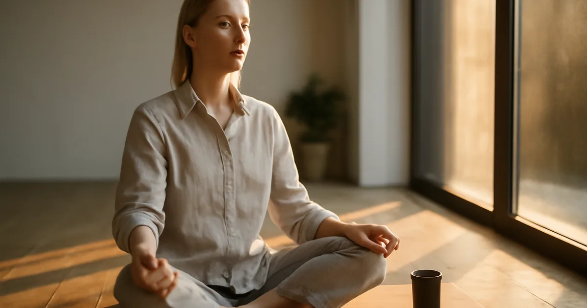 Žmogus medituoja prie lango su puodeliu žaliosios arbatos — meditacija ir arbata kartu